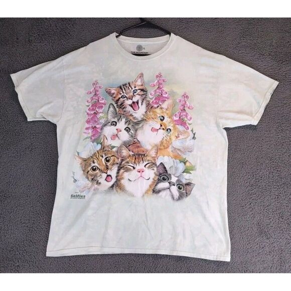 The Mountain Other - The Mountain Cat Kitten Selfie T-Shirt XL Green Short Sleeve Acid Wash